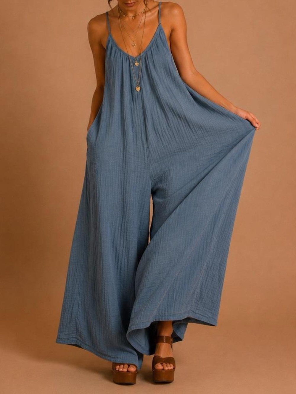 Natural Reflections Blue Wide-Leg Sleeveless Jumpsuit